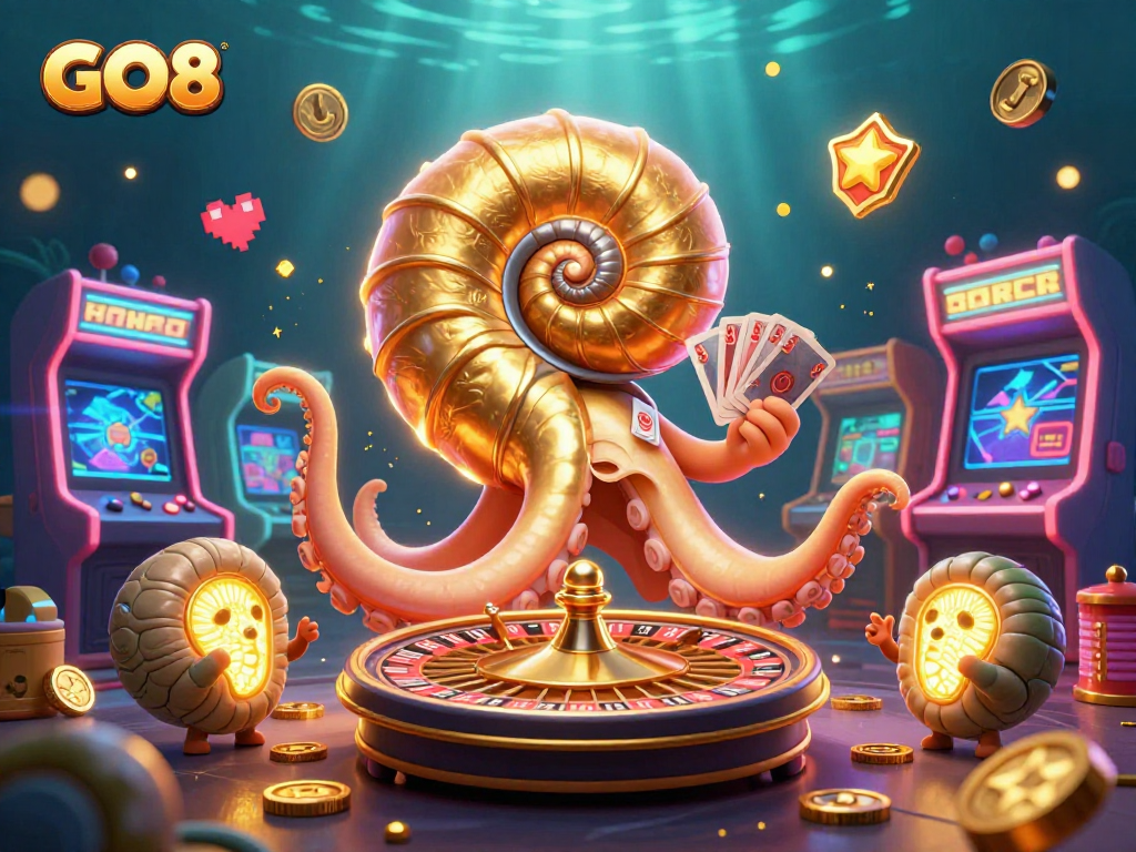 Experience GO8's vibrant gaming world with a giant nautilus as a roulette wheel amid glowing arcade elements.