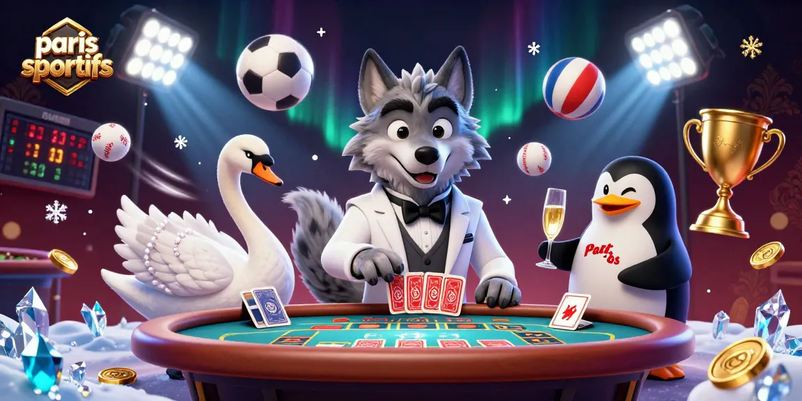 Paris sportifs : un loup élégant, un cygne et un pingouin sommelier créent une ambiance de jeu captivante.