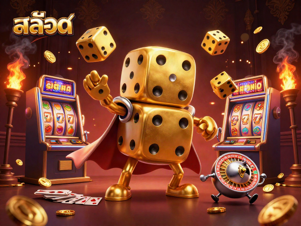 Play สล็อต and watch a golden dice golem juggle winnings among vibrant slot machines.