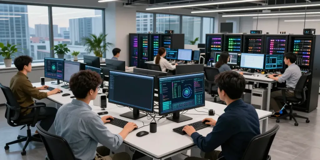 Collaborative team managing GPU computing operations in a modern tech workspace.