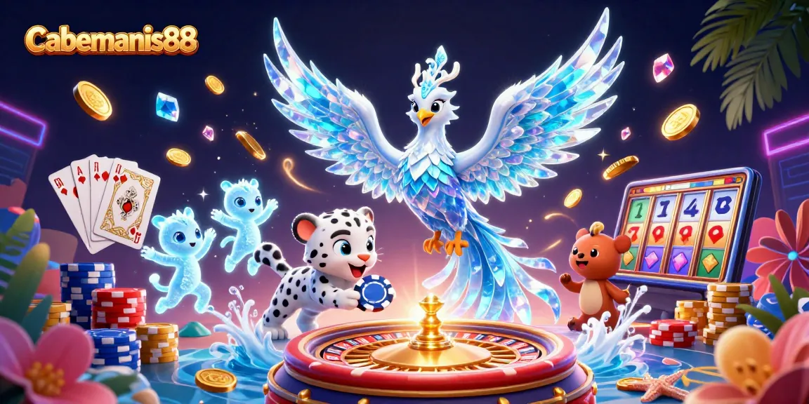 Experience thrilling gameplay at Cabemanis88 with a vibrant illustration featuring casino elements.