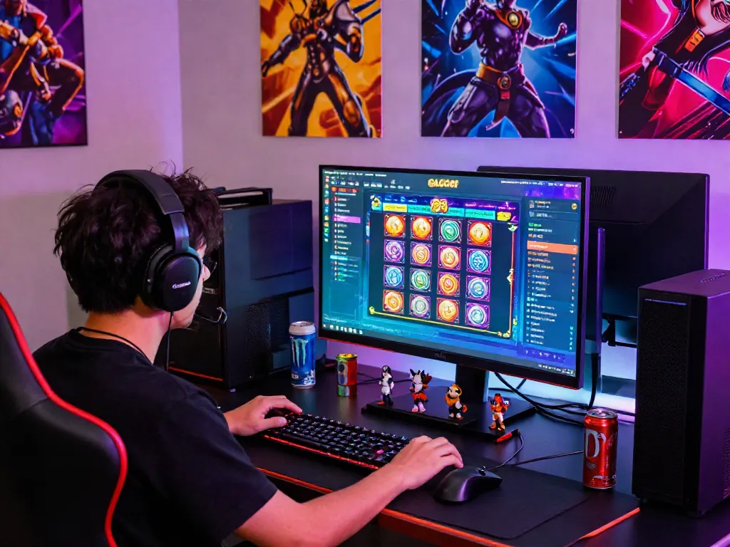 Player immersed in slot gacor game at modern gaming setup, vibrant colors and accessories.