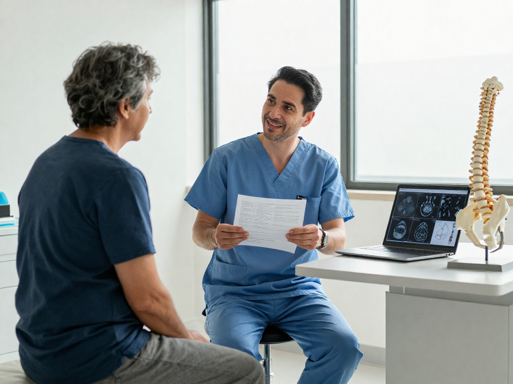 Dar kanal ameliyatı options discussed by surgeon with patient in a warm healthcare setting