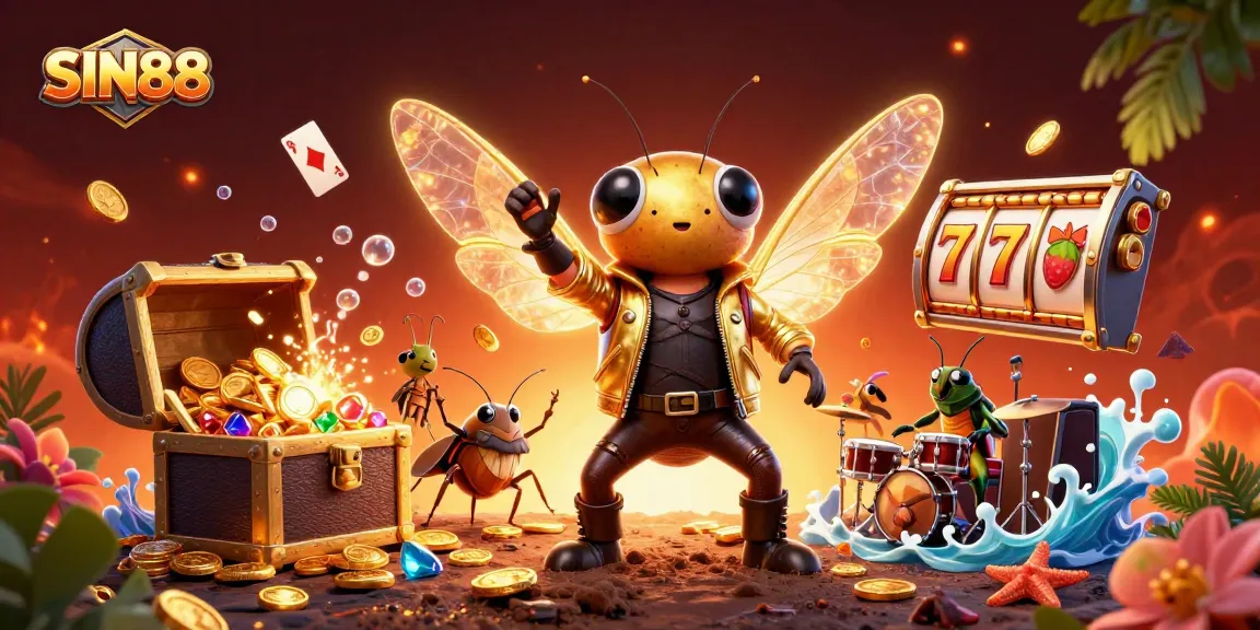 Join the action at SIN88 with a vibrant casino illustration showcasing game elements and characters.