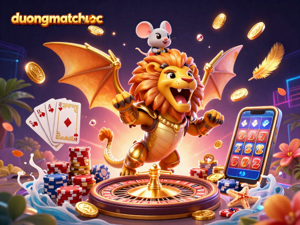 Experience duongmatchuoc with a majestic golden chimera and vibrant casino elements in this thrilling illustration.