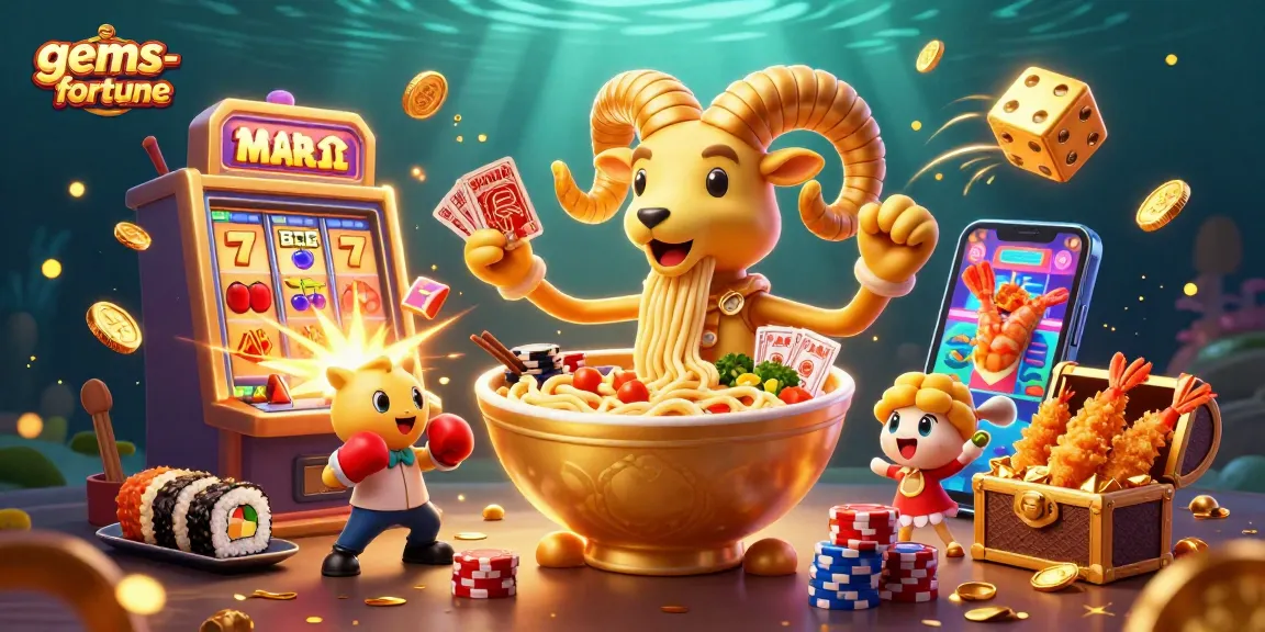 Experience exciting gameplay with gems-fortune in this vibrant casino scene filled with 3D characters, slots, and jackpots.