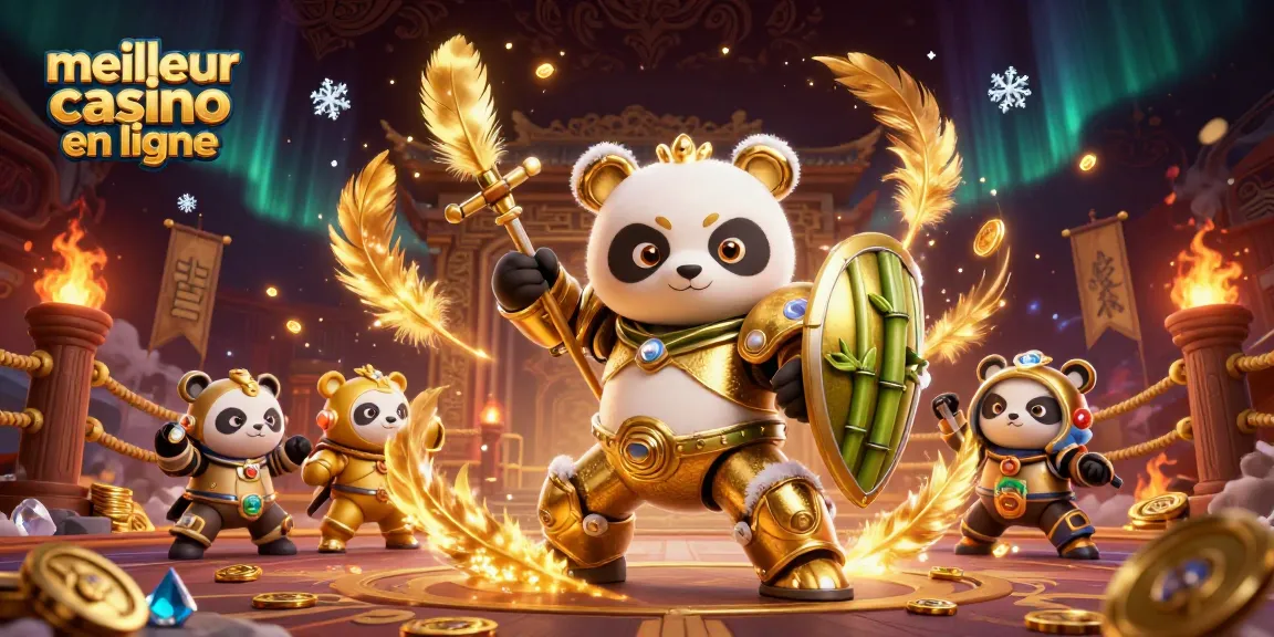 Illustration d'un robot de combat avec un panda, symbole du meilleur casino en ligne, entouré d'une ambiance festive.