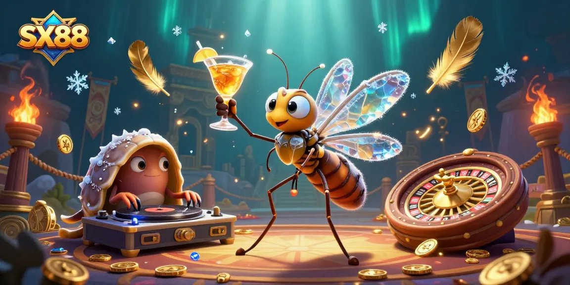 SX88 brings to life a cartoon mosquito casino mascot and trilobite DJ at a vibrant, dynamic gaming scene.