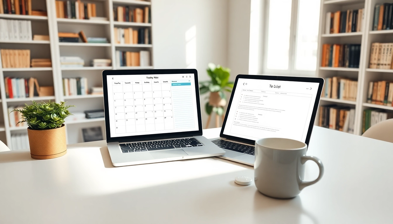 Seamlessly Organize Your Day with a tidy planner workspace showcasing a laptop and coffee cup.