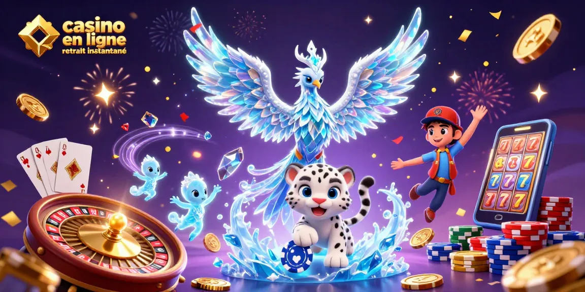 Jouez au casino en ligne avec retrait instantané pour gagner des récompenses avec des effets lumineux et des personnages animés.