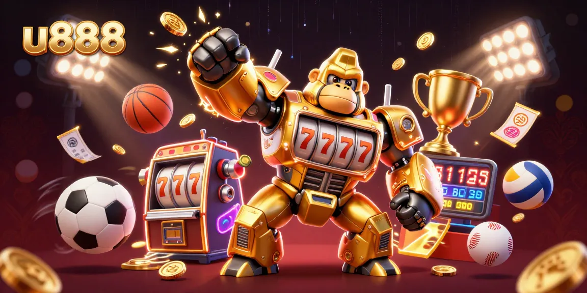 Engage in the excitement of u888 with a golden gorilla mech and sports elements celebrating gaming victories.