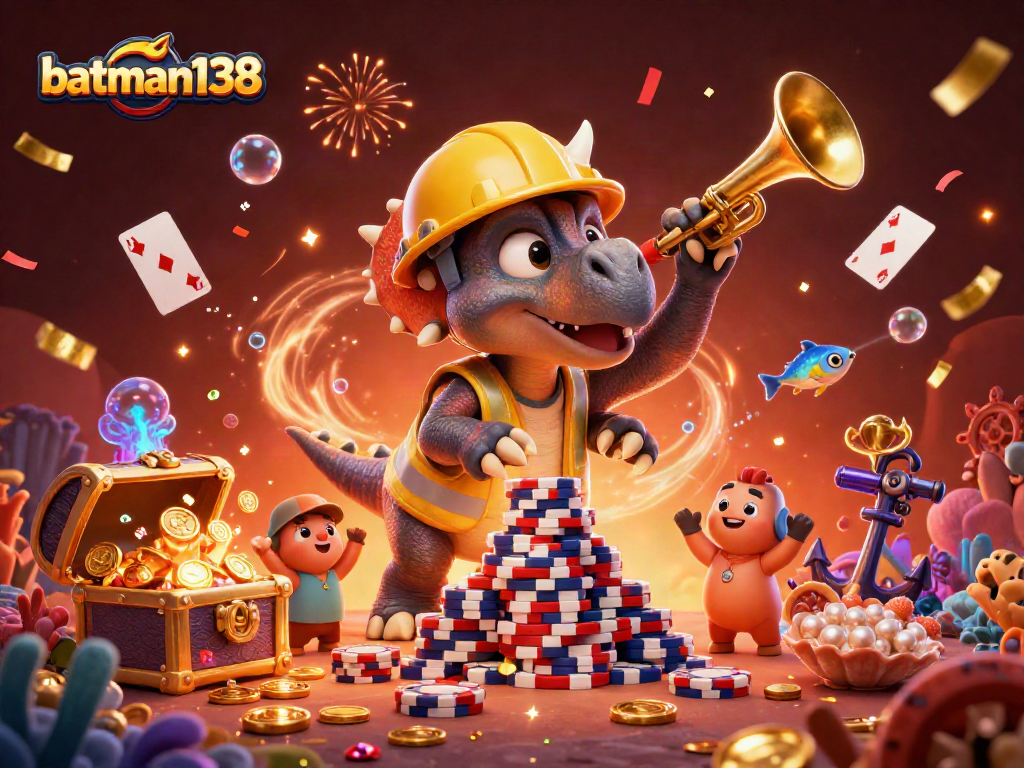Experience the excitement of batman138 with vibrant poker chips and celebrating characters in a dynamic 3D scene.