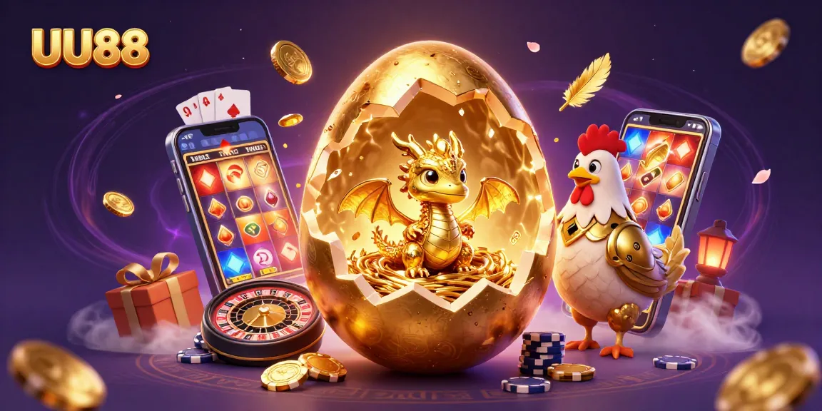 Experience thrilling gaming action at UU88 with the enchanting golden egg and crystallized dragon illustration.
