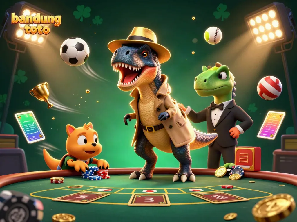Engage in thrilling gameplay with Bandung Toto, featuring animated velociraptor card counters and vibrant sports elements.