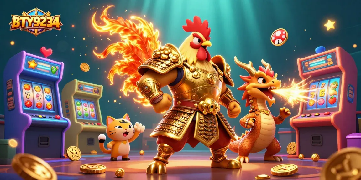 Engage with BTY9234's dynamic casino adventure featuring a rooster warrior among lively slot machines.