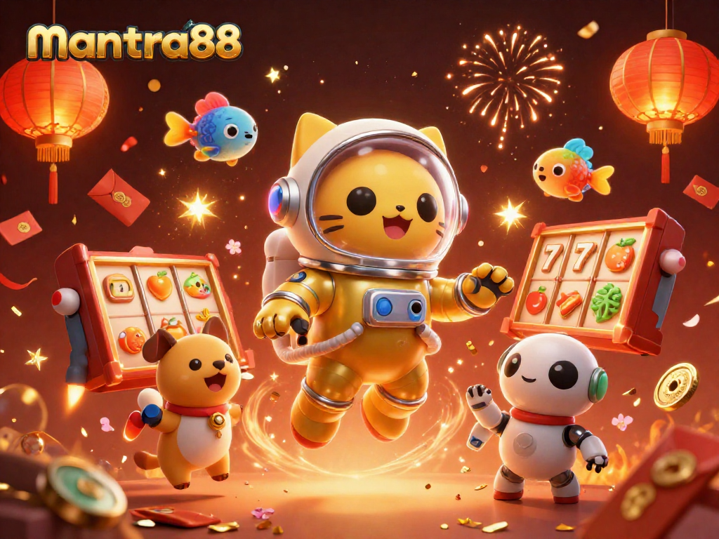 Experience mantra88's thrilling slot action with an astronaut cat and vibrant casino elements.
