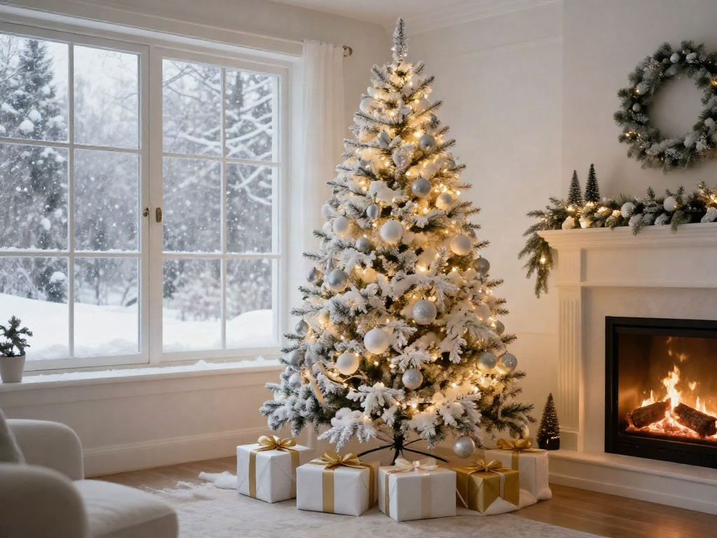 Beautiful living room with an artificial white xmas tree adorned with silver ornaments and fairy lights.
