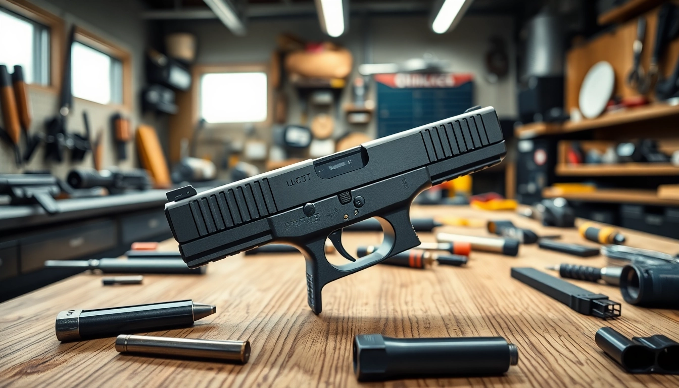 Showcasing a detailed glock 43 slide on a workbench, ideal for firearm enthusiasts.