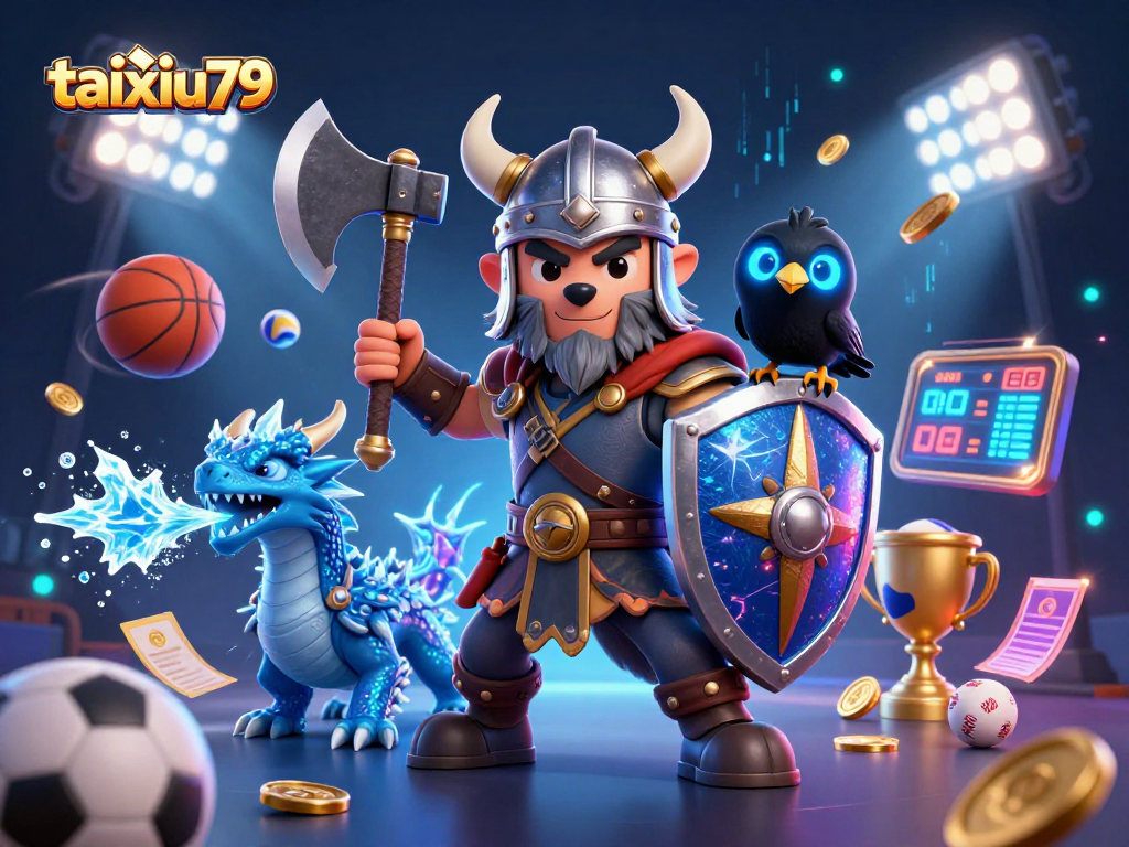 Experience thrilling taixiu79 gameplay with a Viking wolf, a fierce dragon, and a raven amidst dynamic casino elements.