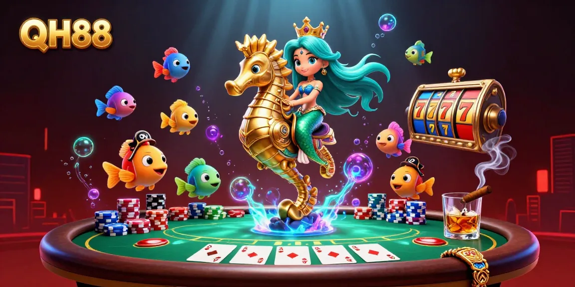 Capture exciting action at QH88 with a colorful underwater poker scene featuring a mermaid and seahorse.