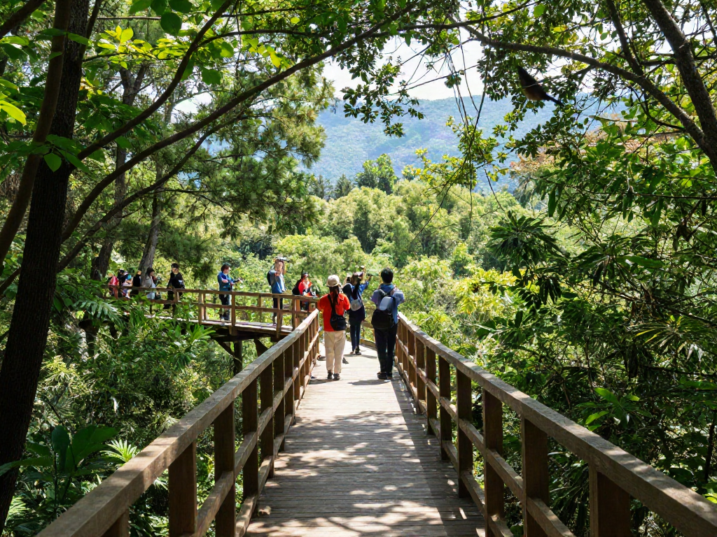 Treetop Walkway experience amidst lush greenery and sunlight filtering through leaves, inviting nature immersion.