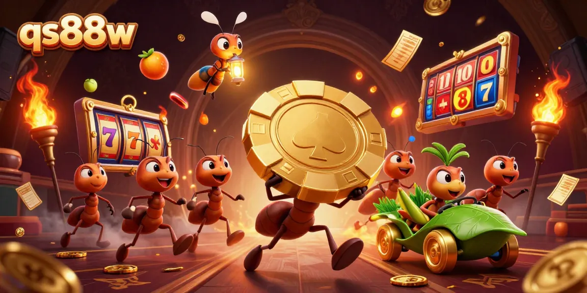 Engage in thrilling gameplay at qs88w as 3D ants on a daring heist carry a massive golden poker chip.