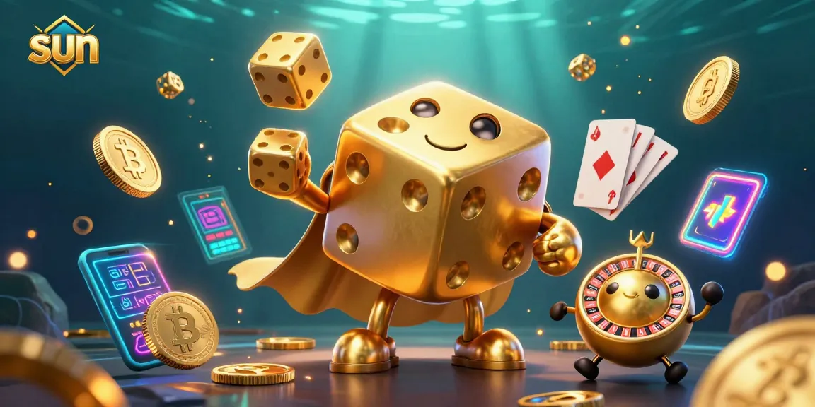 Engage with sun-themed gaming fun, featuring a golden dice golem and crypto elements.