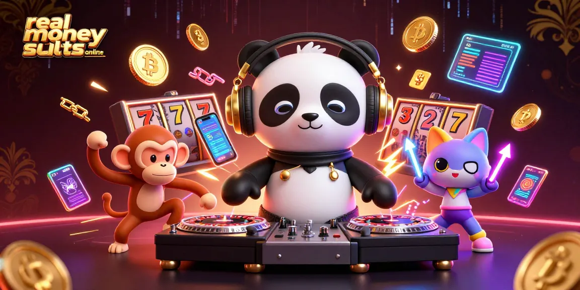 Experience the thrill of real money slots online with vibrant characters in a dynamic casino scene.