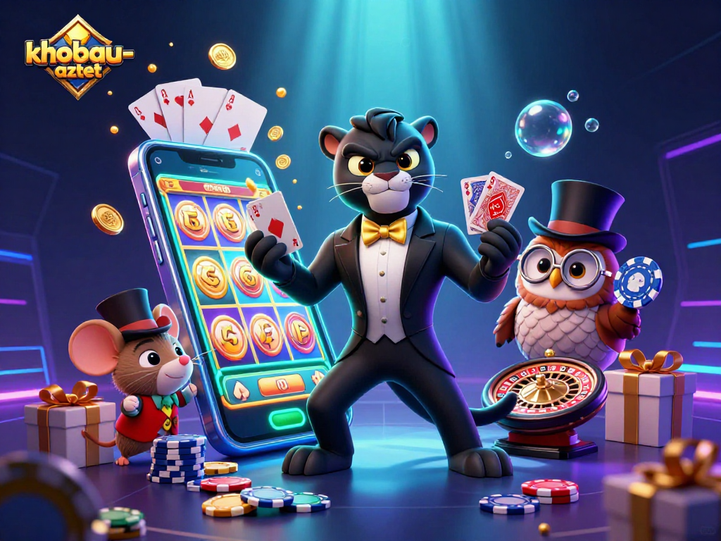 Experience exciting gameplay with khobau-aztec as a stylish black panther and friends delight in 3D casino fun.