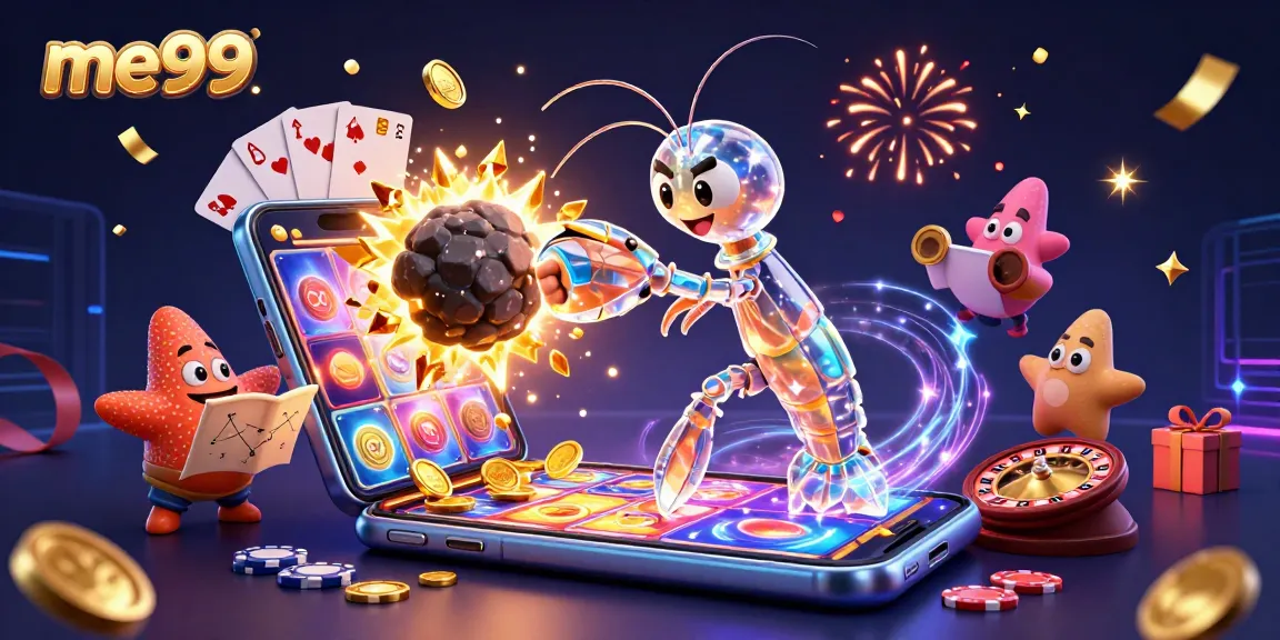 Experience the thrill of me99 with a galactic samurai mantis shrimp and a starfish navigating a spectacular casino world.