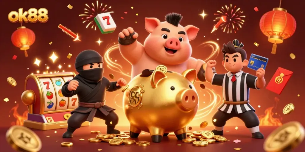 Engage in thrilling gameplay with ok88 featuring animated characters celebrating with slot reels in a vibrant casino.