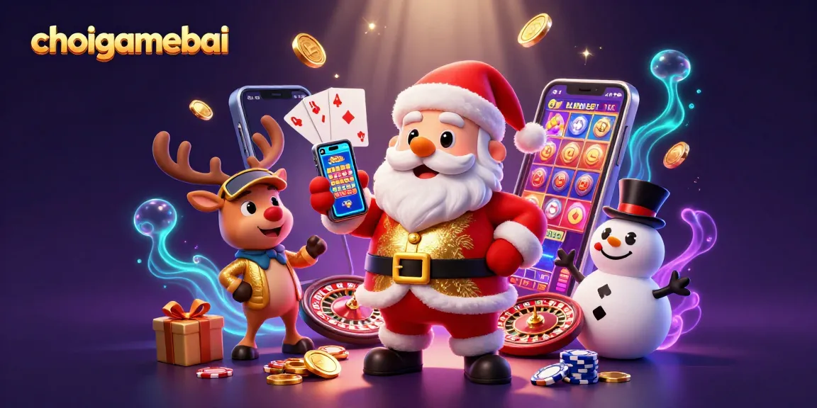 Engage with choigamebai's thrilling slot games showcased by Santa and friends in a vibrant casino scene.