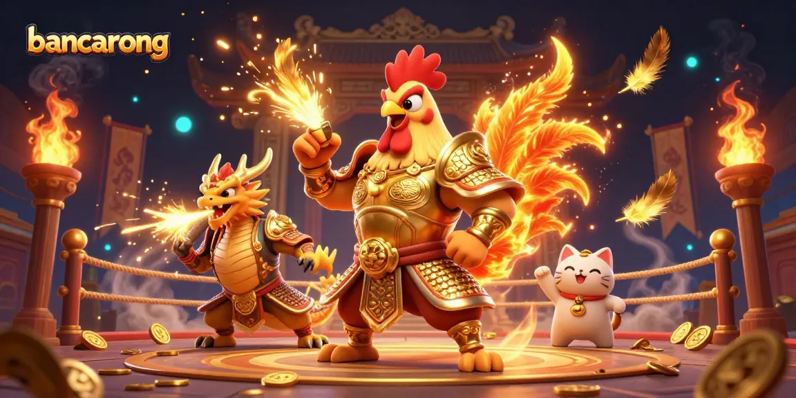 The bancarong scene showcases a courageous rooster warrior and a fierce dragon hatchling amid gold coins and dynamic casino elements.