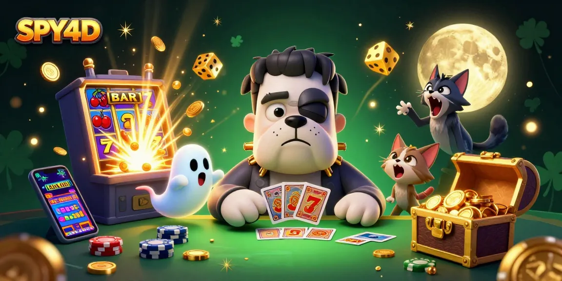 SPY4D menghidupkan suasana kasino dengan monster Frankenstein kartun dan permainan kartu yang seru.