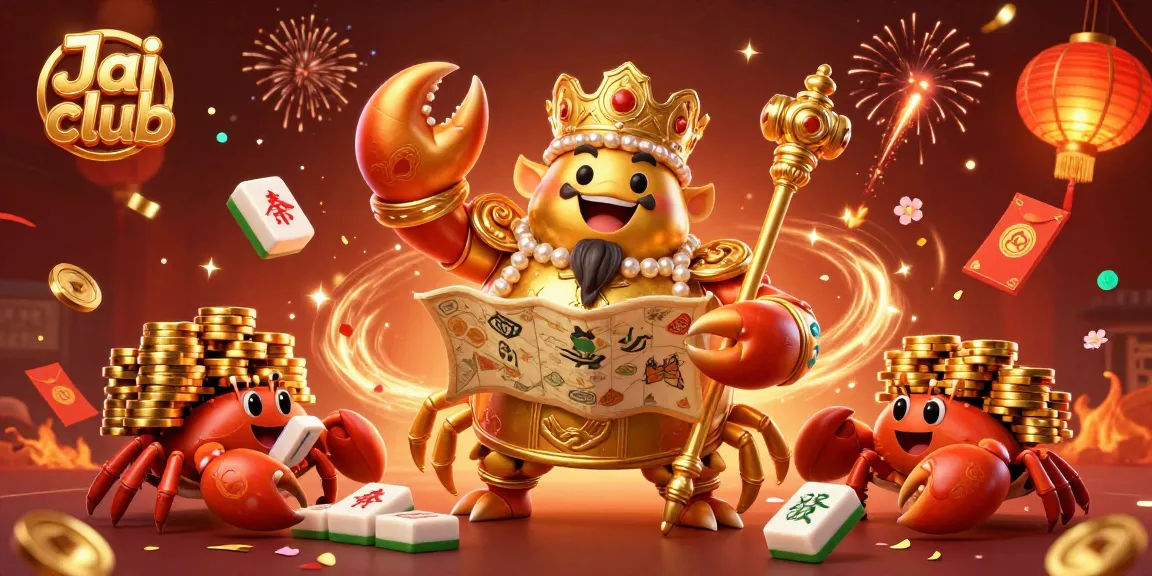 Experience excitement at Jai club with a dynamic golden crab emperor amidst casino symbols and festive elements.