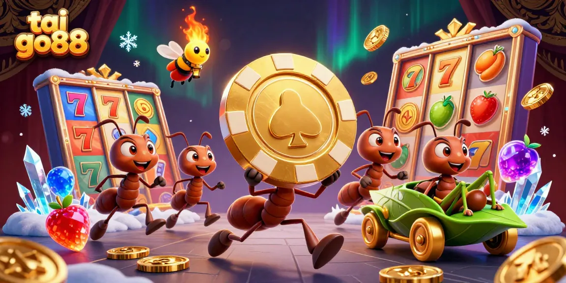 Engage with tai go88 through an adventurous heist scene featuring charming ants, slot reels, and glimmering coins.