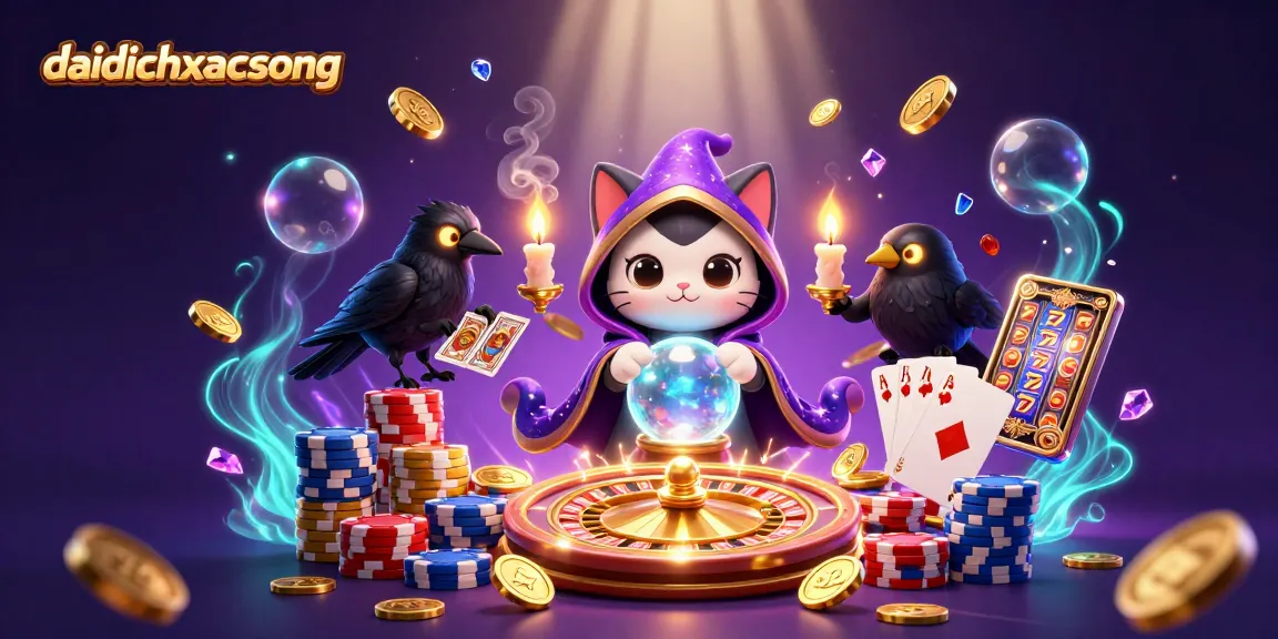 Dive into daidichxacsong excitement with this vibrant 3D scene featuring a fortune teller cat, glowing raven, and casino elements.