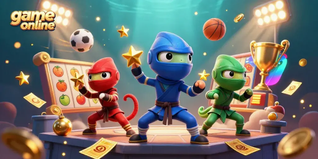 Experience thrilling game online moments with vibrant chameleon ninjas, slot reels, and dynamic elements.