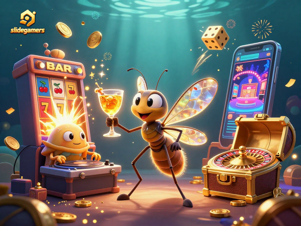 Experience the excitement of slidegamers with a vibrant 3D casino illustration featuring dynamic characters and game elements.