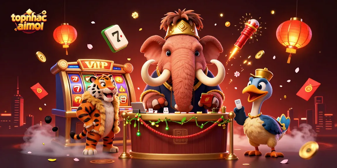 topnhacaimoi showcases vibrant casino energy with cartoon characters and game elements in a festive scene