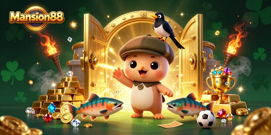 Mansion88 brings excitement to the table with vibrant sports betting characters amid a treasure-filled scene.