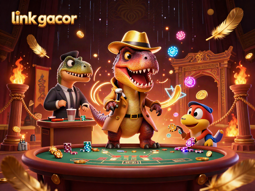 Link gacor themed illustration showing a velociraptor card counter at a blackjack table with vivid casino elements.