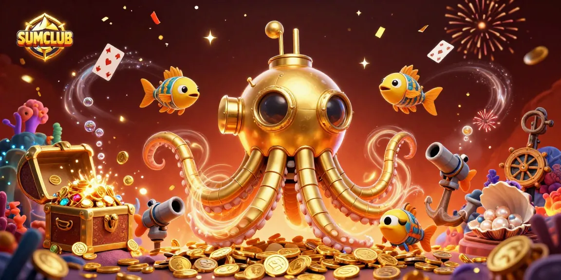 Experience the excitement of SUMCLUB with a vibrant underwater treasure scene featuring a golden kraken and mechanical fish.
