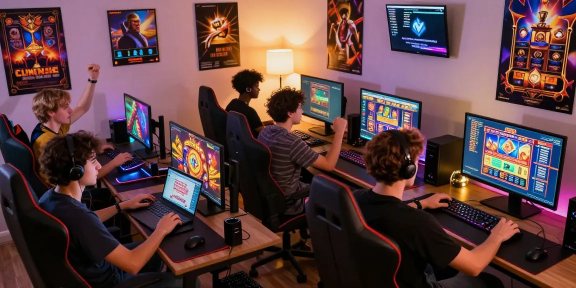 Gamers enjoying situs 888 online slot experience with vibrant setups in a lively environment.