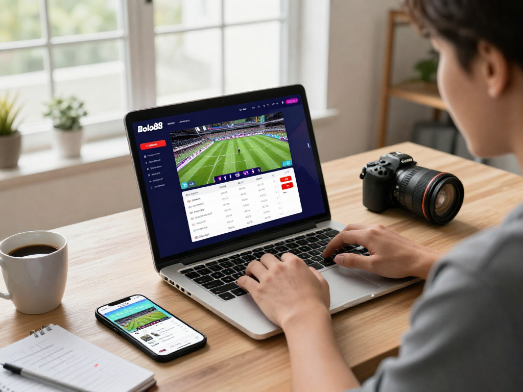 Bola88 user engaging with digital betting platform in a bright home office setting.
