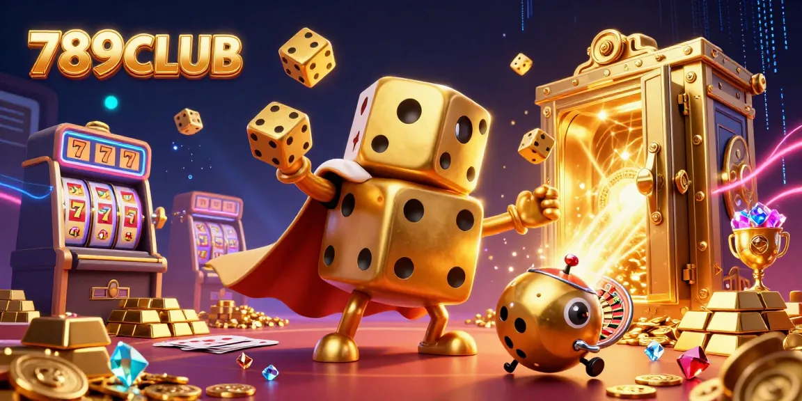 Experience thrilling games at 789CLUB with golden dice, slots, and jackpot treasures in this vibrant casino scene.