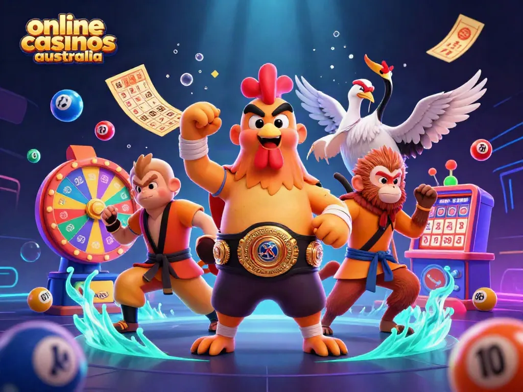 Experience the thrill of online casinos Australia with vibrant games, colorful balls, and dynamic characters.