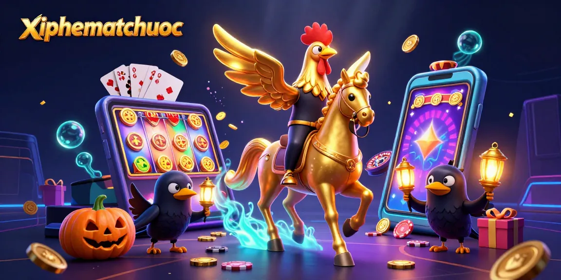 xiphematchuoc players compete at a vibrant midnight casino, surrounded by colorful game elements and glowing effects