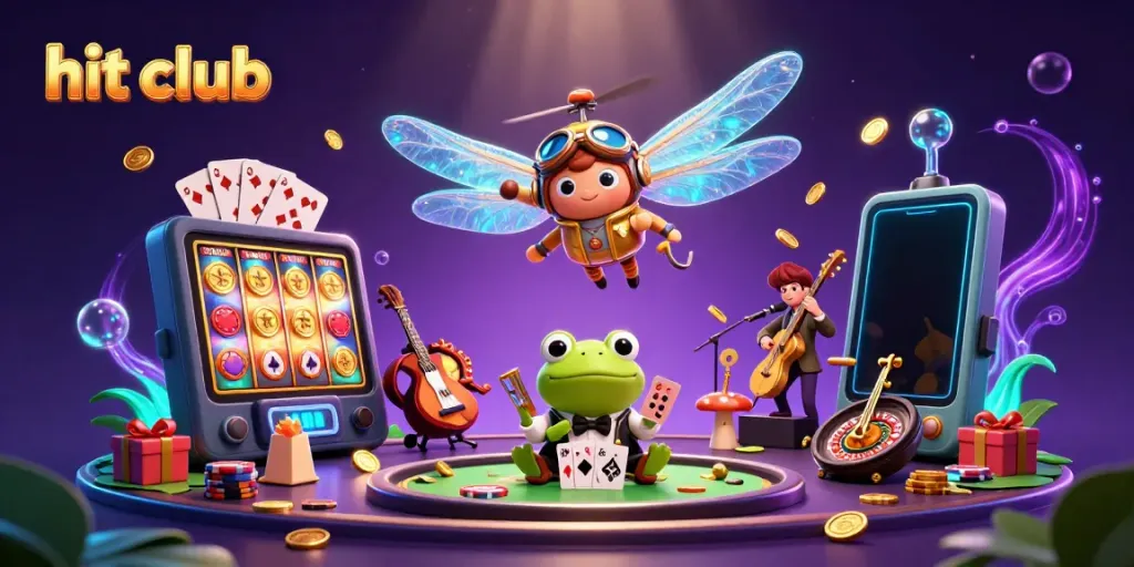 Experience the excitement at hit club with vibrant characters and dynamic casino elements in this lively illustration.