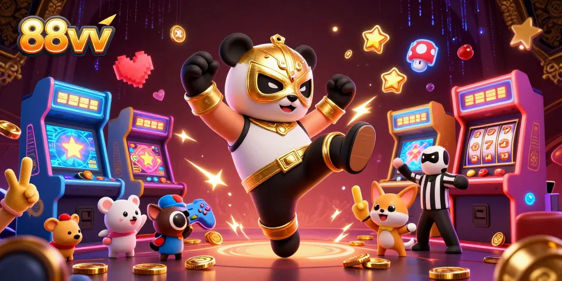 Engaging 3D scene with the 88vv panda wrestler showcasing dynamic casino action amidst colorful game elements.